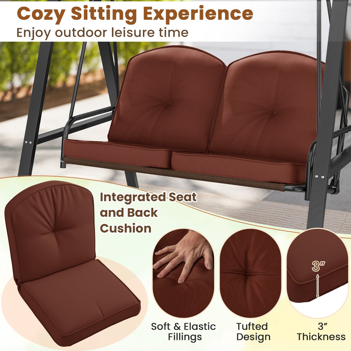2-Person Outdoor Porch Swing with A-Shaped Metal Stand and Adjustable Canopy-Brown
