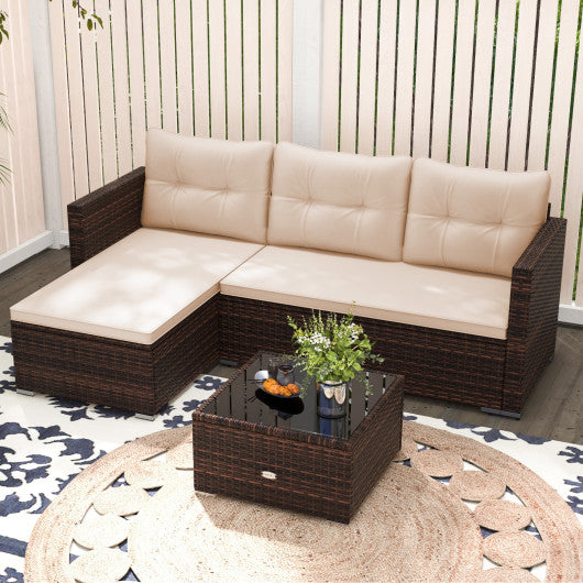 2-Piece Outdoor Wicker Furniture Set with Tempered Glass Coffee Table and Soft Cushions-Beige
