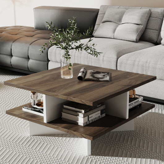 2-Tier Square Coffee Table with 4 Storage Compartments-Walnut