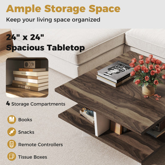 2-Tier Square Coffee Table with 4 Storage Compartments-Walnut