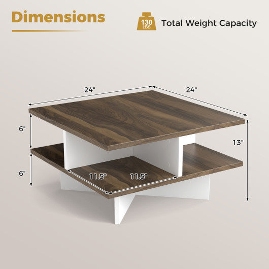 2-Tier Square Coffee Table with 4 Storage Compartments-Walnut