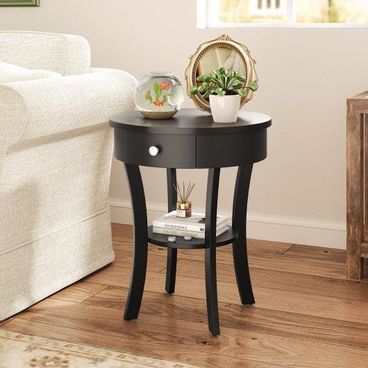 2-Tier Wood Round End Table with Open Drawer-Black
