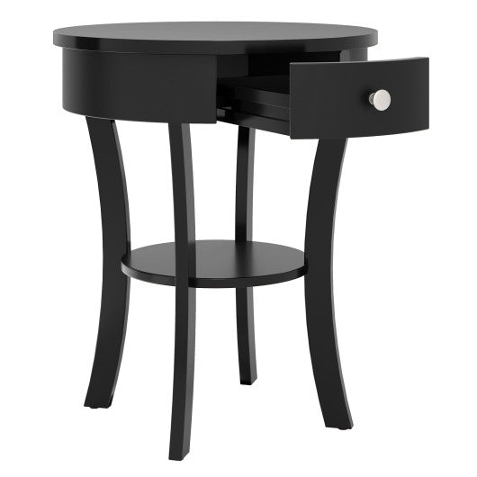 2-Tier Wood Round End Table with Open Drawer-Black