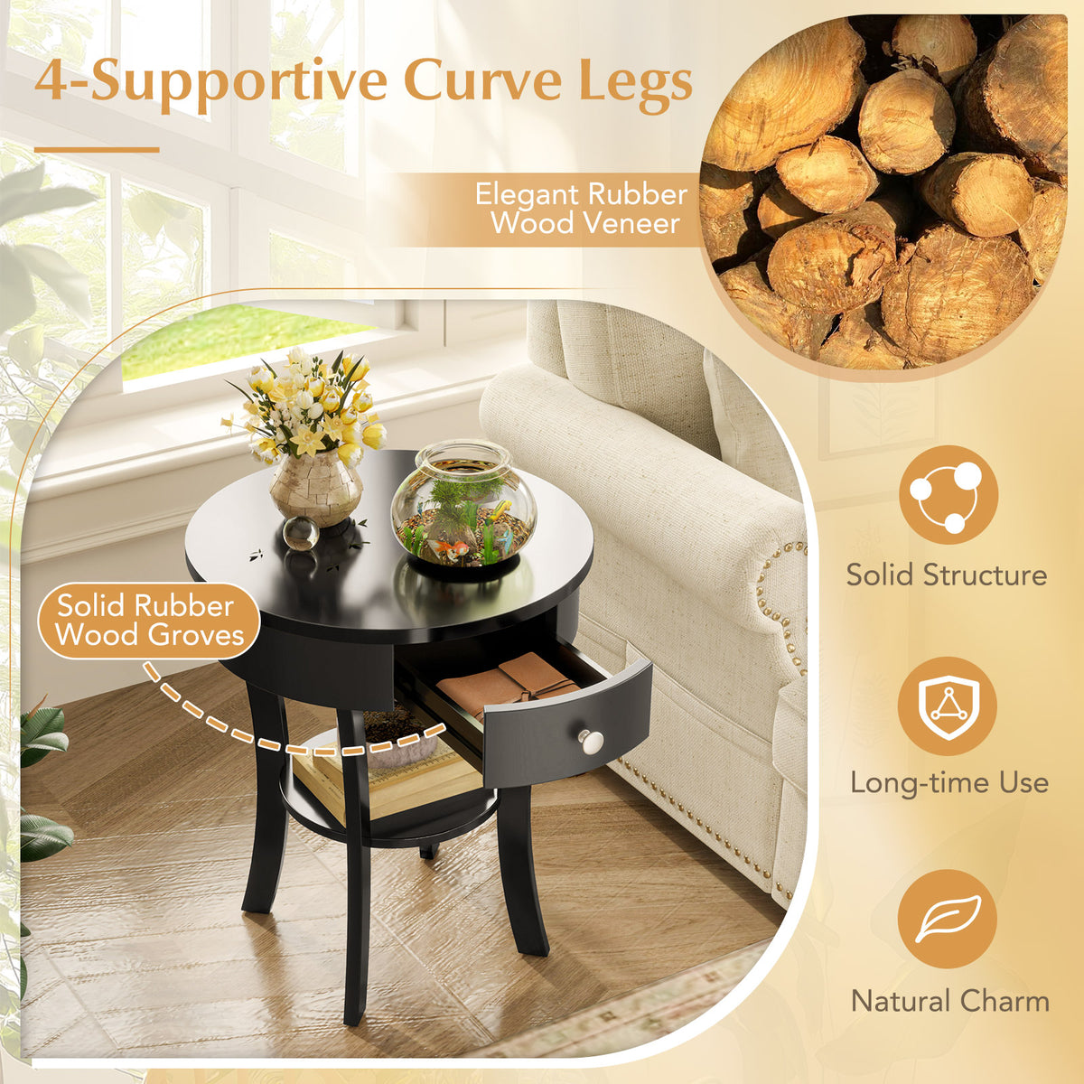 2-Tier Wood Round End Table with Open Drawer-Black