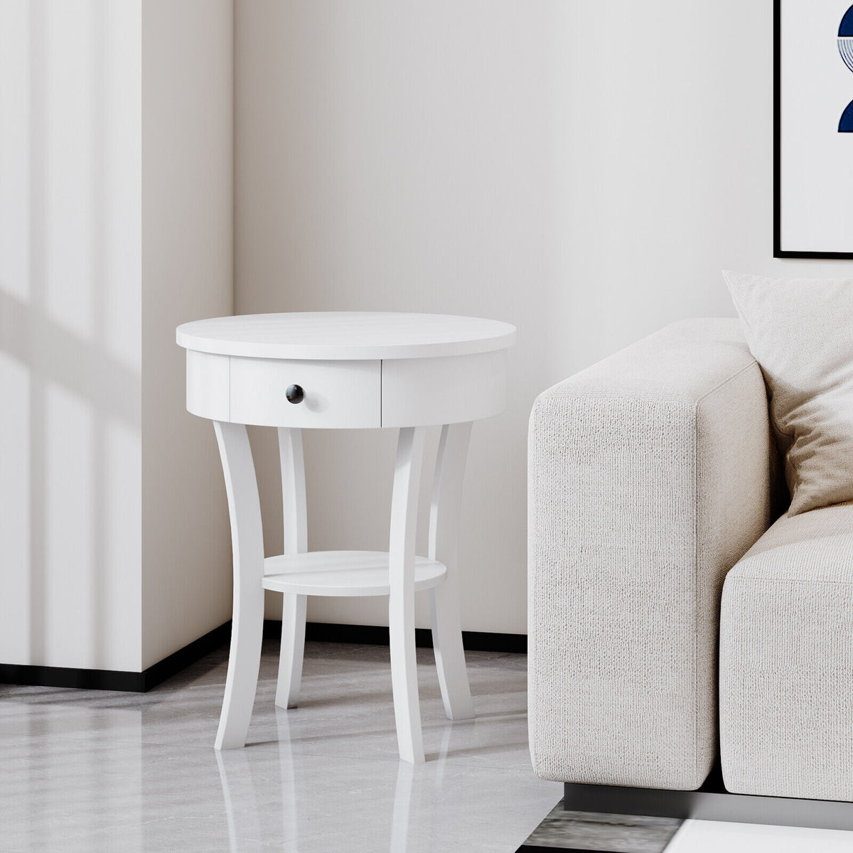 2-Tier Wood Round End Table with Open Drawer-White