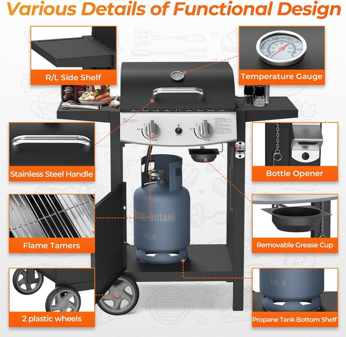 2-Burner Propane Gas Grill,228 Sq. Inch Cooking Area,Outdoor Camping Picnic for Patio,Party,Black