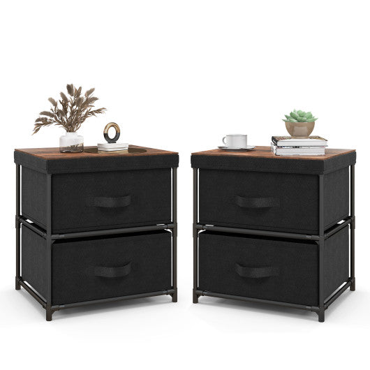 2-Drawer Nightstand with Removable Fabric Bins and Pull Handles Set of 2-Black