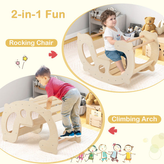 2-in-1 Rocking Horse Arch for Kids Montessori Climbing Toys with Arch Climber-Natural