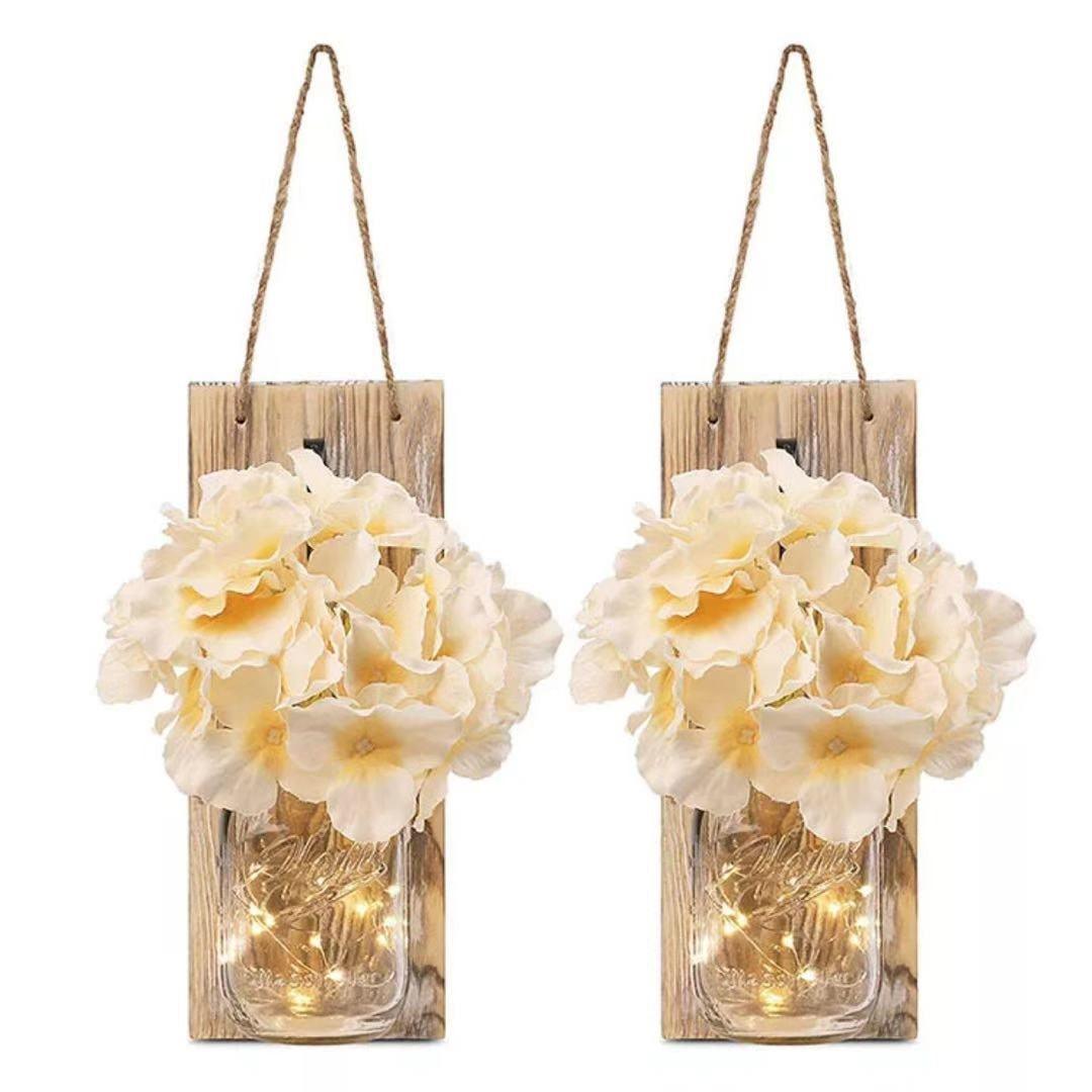 2 Pack Rustic Jar Fairy Strip Lights Wall Decor Hydrangea Sconces Decorative Home Chic Hanging LED FlowersHanging Design with Remote Control LED Fairy Lights and White Peony, Farmhouse Kitchen Decorations Wall Home Decor Living Room Lights Set of Two