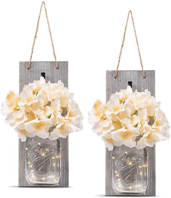 2 Pack Rustic Jar Fairy Strip Lights Wall Decor Hydrangea Sconces Decorative Home Chic Hanging LED FlowersHanging Design with Remote Control LED Fairy Lights and White Peony, Farmhouse Kitchen Decorations Wall Home Decor Living Room Lights Set of Two