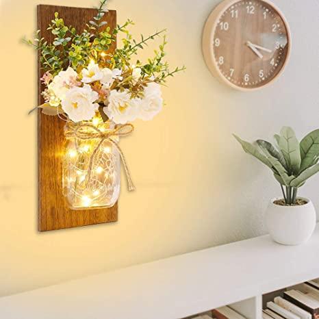 2 Pack Rustic Jar Fairy Strip Lights Wall Decor Hydrangea Sconces Decorative Home Chic Hanging LED FlowersHanging Design with Remote Control LED Fairy Lights and White Peony, Farmhouse Kitchen Decorations Wall Home Decor Living Room Lights Set of Two