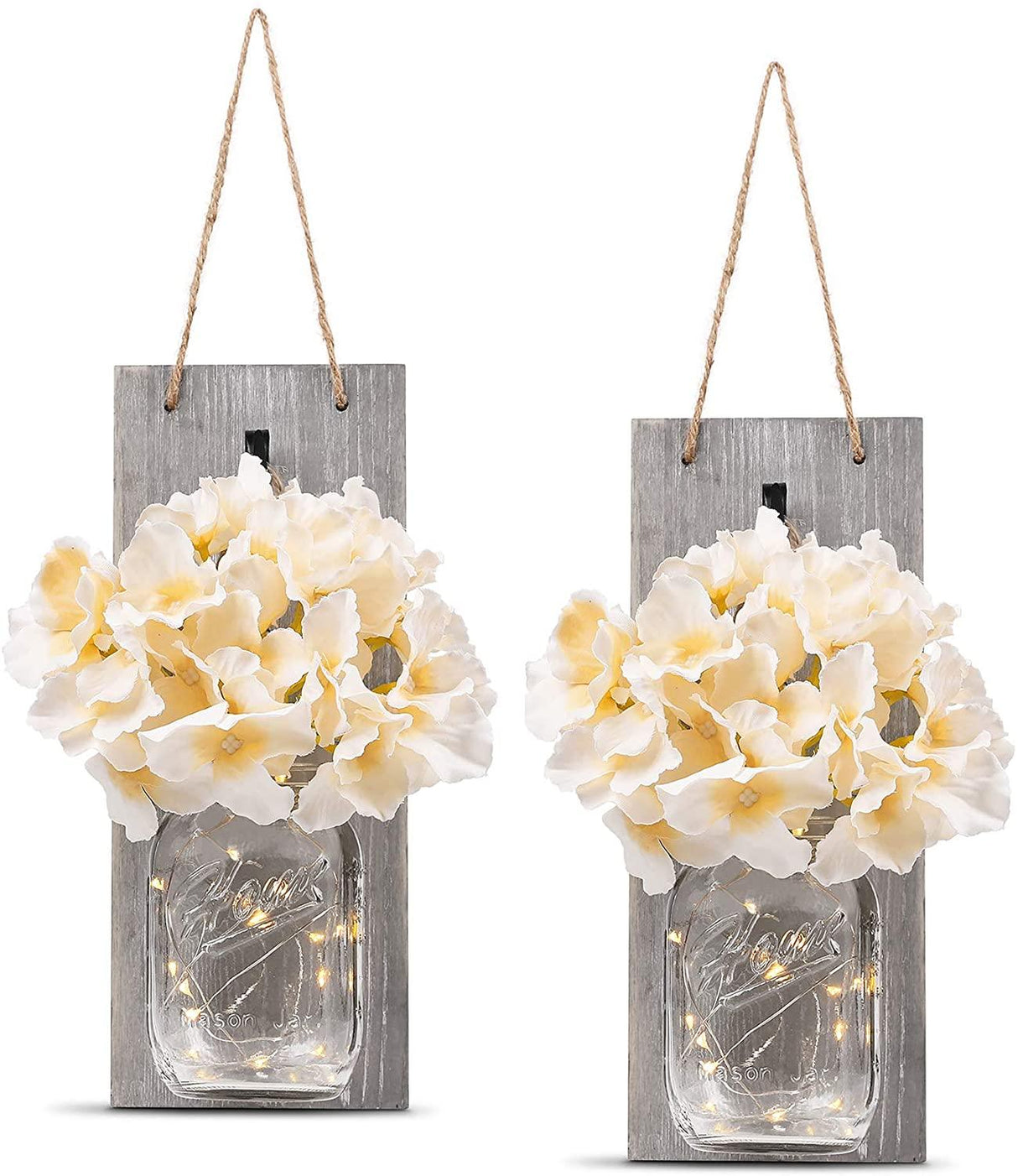 2 Pack Rustic Jar Fairy Strip Lights Wall Decor Hydrangea Sconces Decorative Home Chic Hanging LED FlowersHanging Design with Remote Control LED Fairy Lights and White Peony, Farmhouse Kitchen Decorations Wall Home Decor Living Room Lights Set of Two
