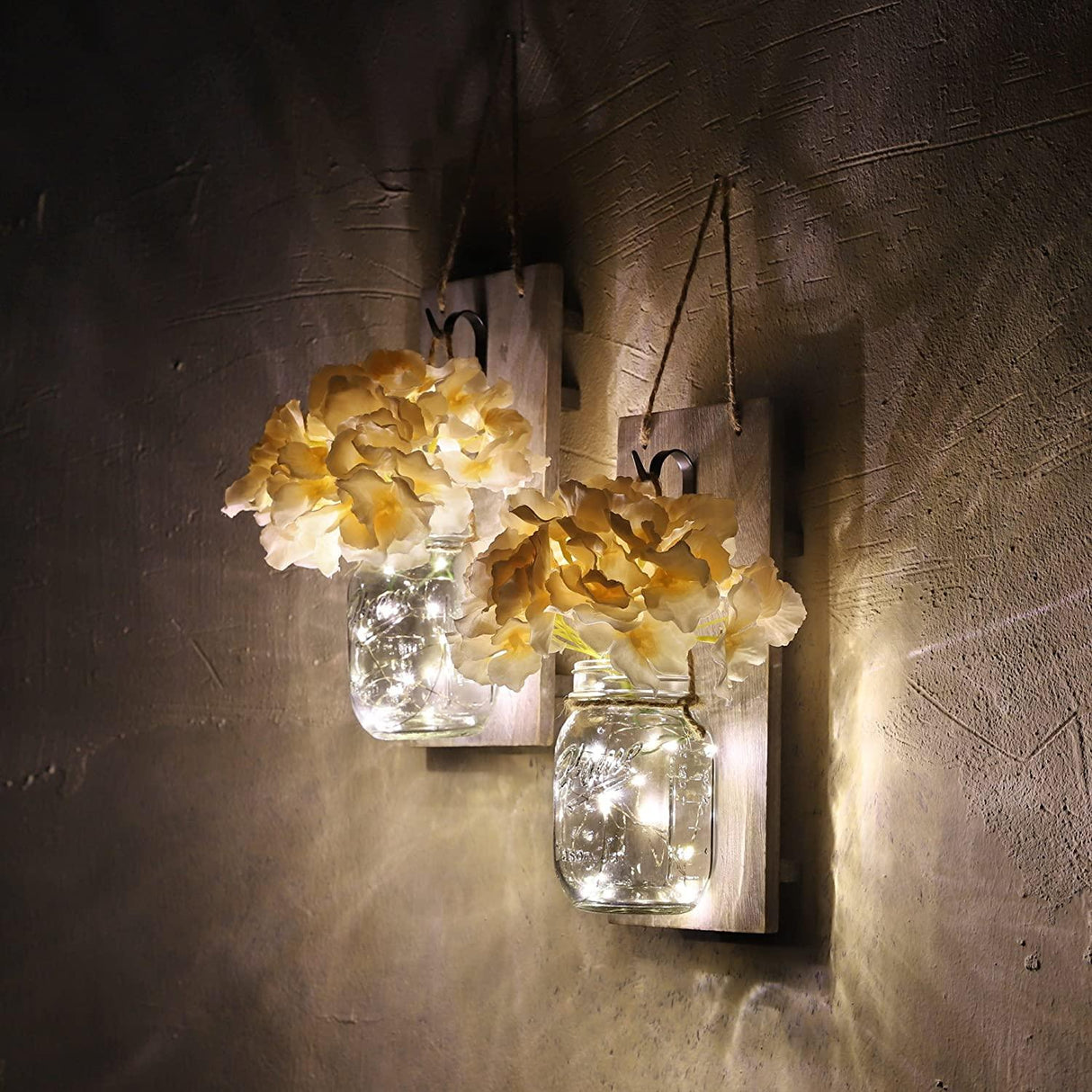 2 Pack Rustic Jar Fairy Strip Lights Wall Decor Hydrangea Sconces Decorative Home Chic Hanging LED FlowersHanging Design with Remote Control LED Fairy Lights and White Peony, Farmhouse Kitchen Decorations Wall Home Decor Living Room Lights Set of Two