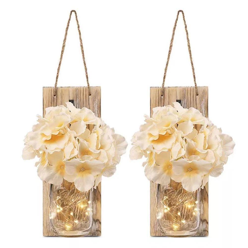2 Pack Rustic Jar Fairy Strip Lights Wall Decor Hydrangea Sconces Decorative Home Chic Hanging LED FlowersHanging Design with Remote Control LED Fairy Lights and White Peony, Farmhouse Kitchen Decorations Wall Home Decor Living Room Lights Set of Two
