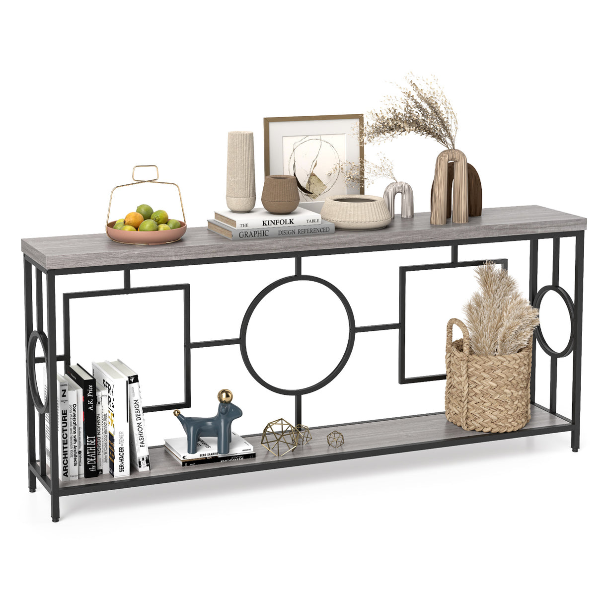 2-Tier Faux Marble Top Console Table with Storage Shelf for Hallway-Rustic Brown