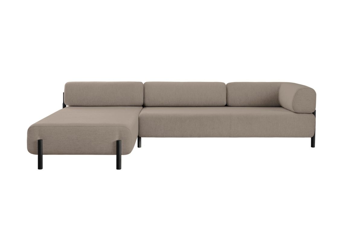Introducing the Palo 3-seater Sofa: a modern L-shaped sofa in beige with a minimalist design. It features black legs and a left-side chaise lounge, offering ample seating space.