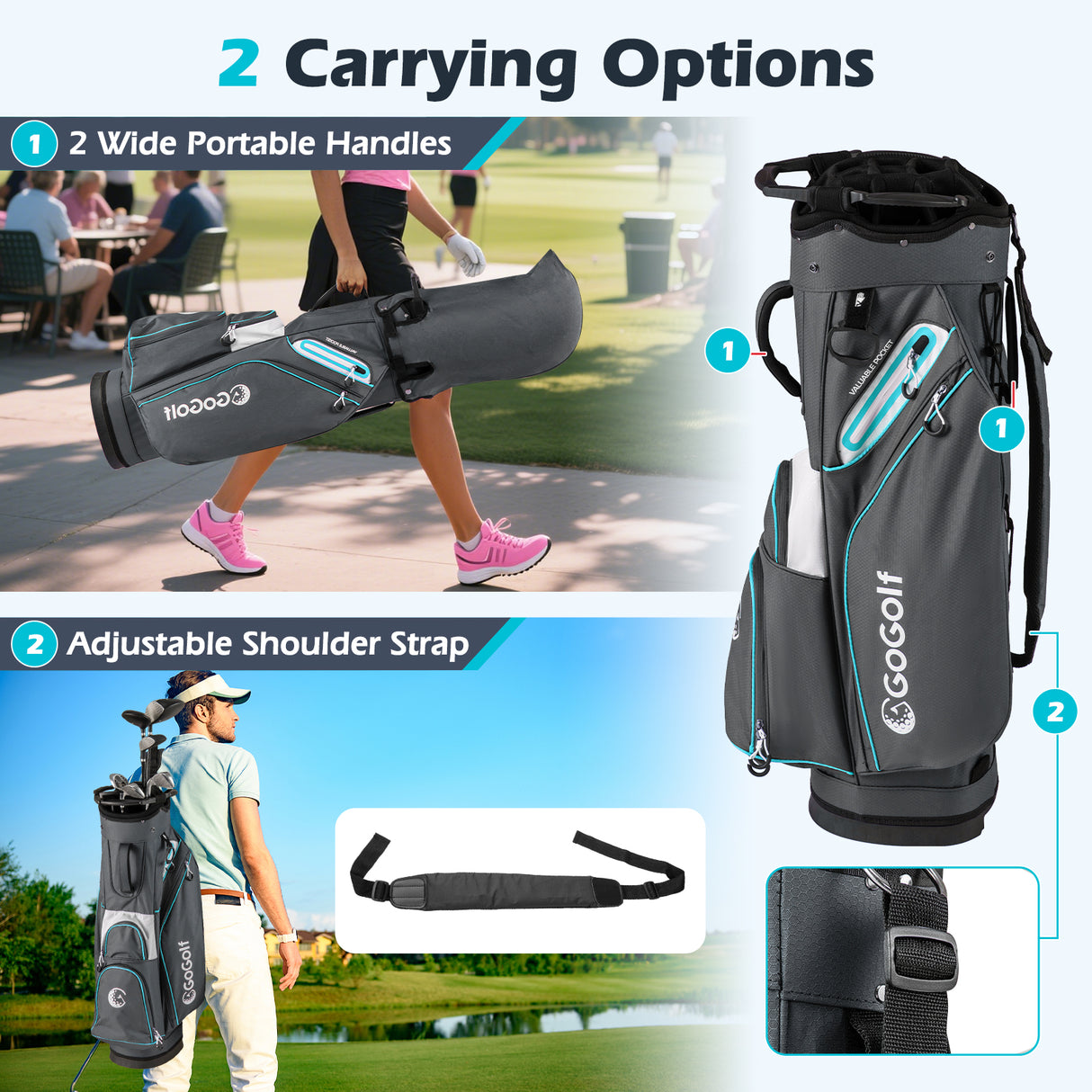 Golf Cart Bag Lightweight Portable Golf Club Organizer Bag-Gray