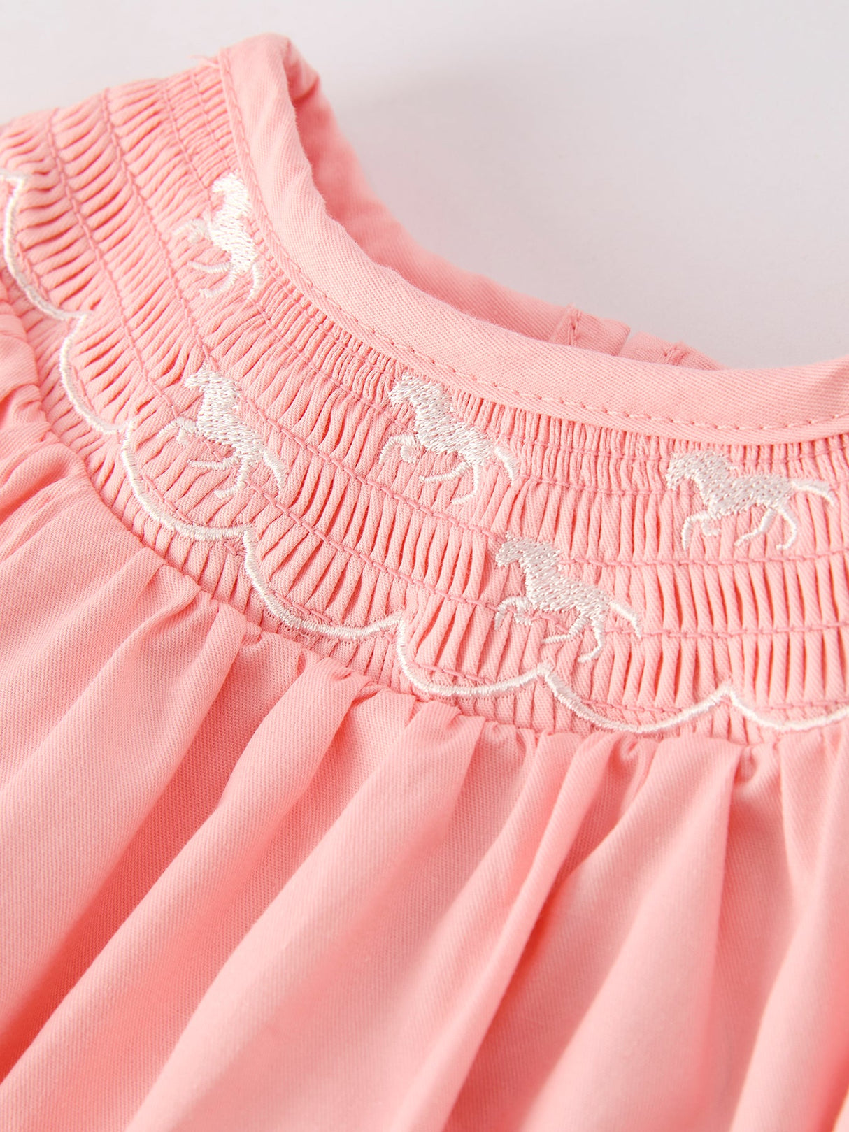 Girls Horse Smocking Embroidered Coral Romper