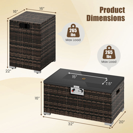 2-Piece Outdoor Rattan Fire Table Set 32 Inch Rectangle Gas Firepit with Tank Cover-Brown