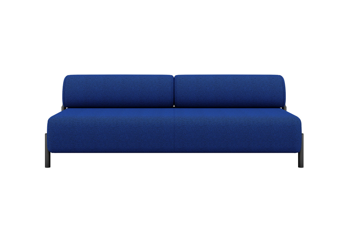 The Palo 2-seater Sofa features a modern blue design with a minimalist style and black legs, set against a plain white background. It includes two cushions for the backrest and boasts a sleek, contemporary appearance.