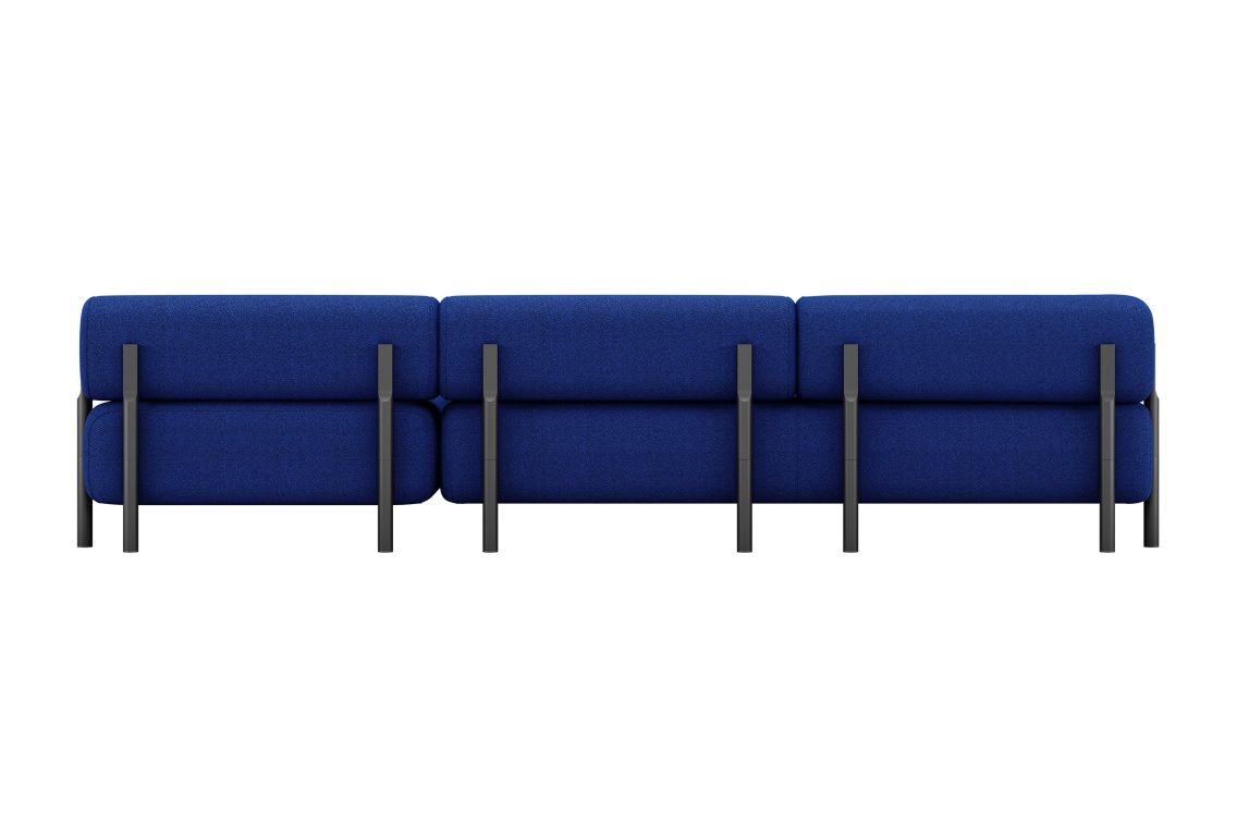 The Palo 3-seater Sofa is a contemporary piece in blue, featuring three sections and supported by sleek vertical black metal rods, designed in a minimalist style and set against a plain white background.