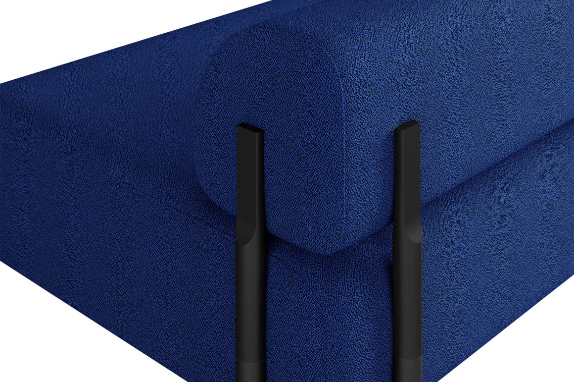 Close-up of the Palo 3-seater Sofa featuring a blue textured finish, cylindrical armrests, and sleek black legs. The sofa exemplifies a minimalist and modern design.