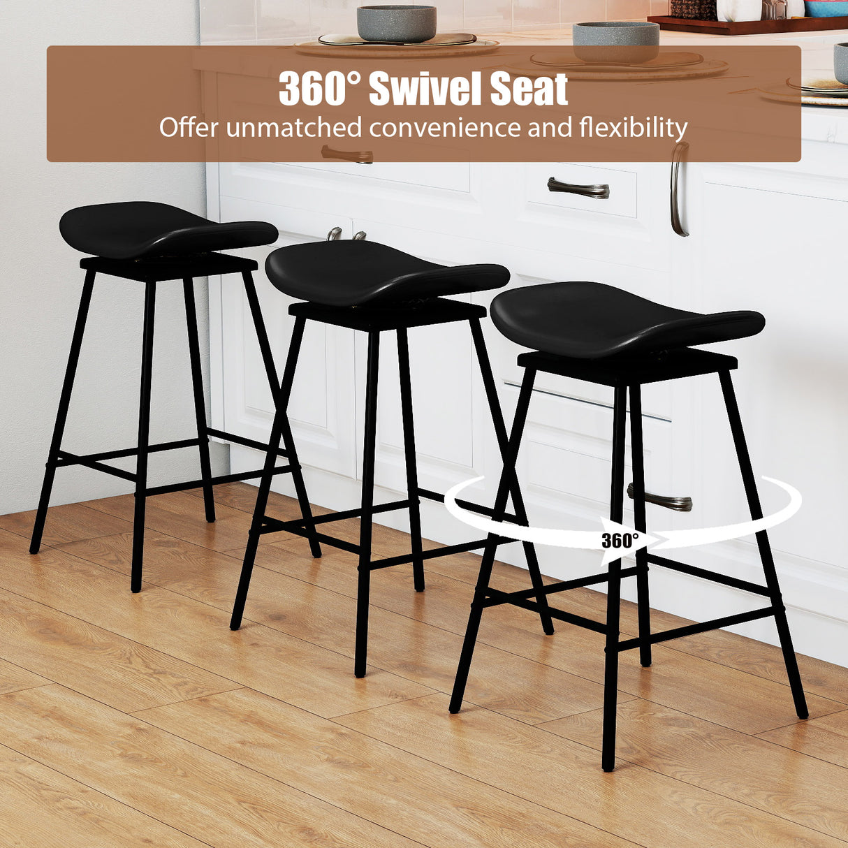 Set of 2 Swivel Barstools Faux Leather Upholstered Backless with Footrest-Black
