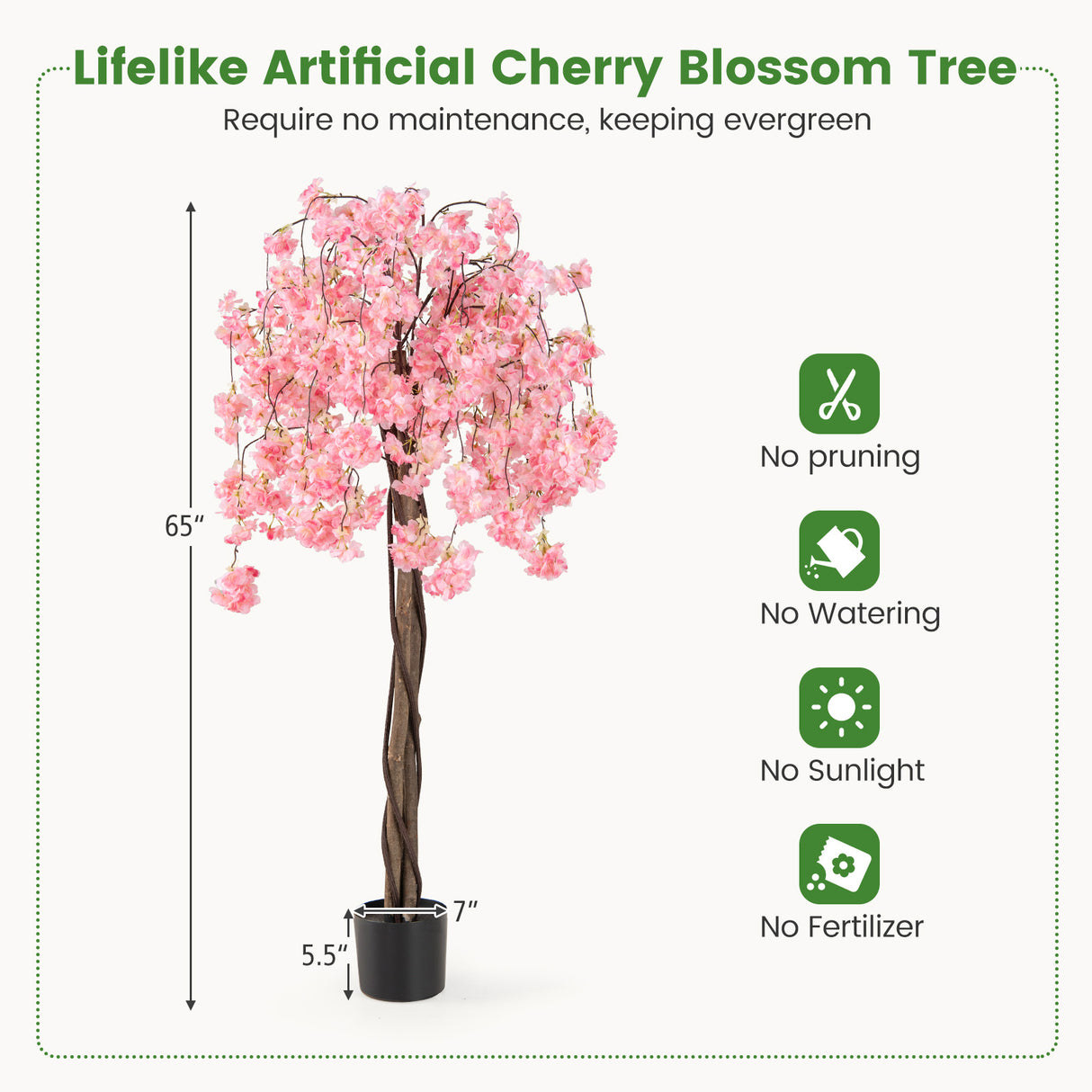 5.5 FT Tall Artificial Cherry Blossom Tree with Pink/White Flowers 2 Pack-Pink