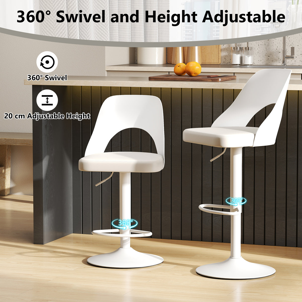 Bar Stools Set of 2 with Enlarged PU Leather Seat and Footrest-White