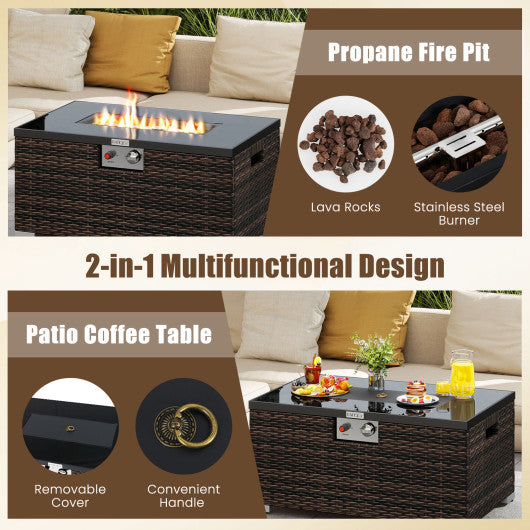 2-Piece Outdoor Rattan Fire Table Set 32 Inch Rectangle Gas Firepit with Tank Cover-Brown