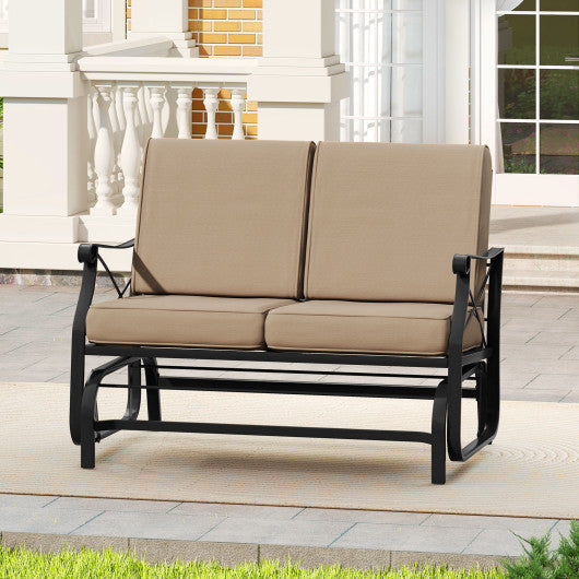 Outdoor 2-Person Glider Rocking Chair Loveseat with Thick Cushions and Metal Frame-Brown