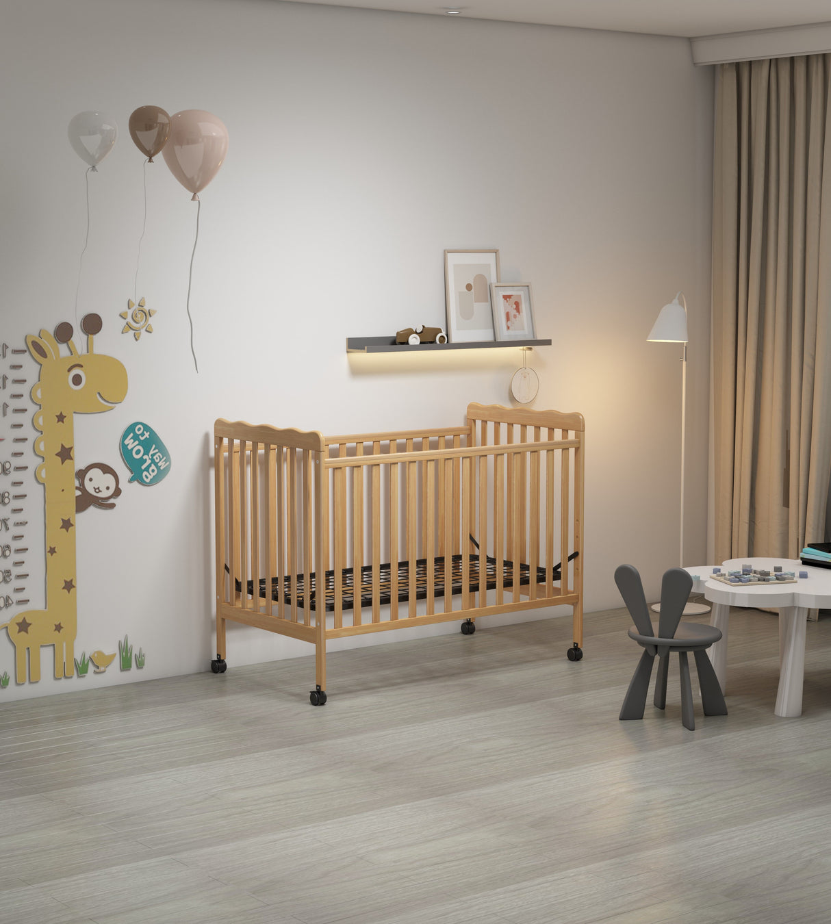 Crib 3 In 1 Convertible, Made Of Sustainable Pinewood, Non Toxic Finish, Comes With Locking Wheels, Wooden Nursery Furniture by Couch.com