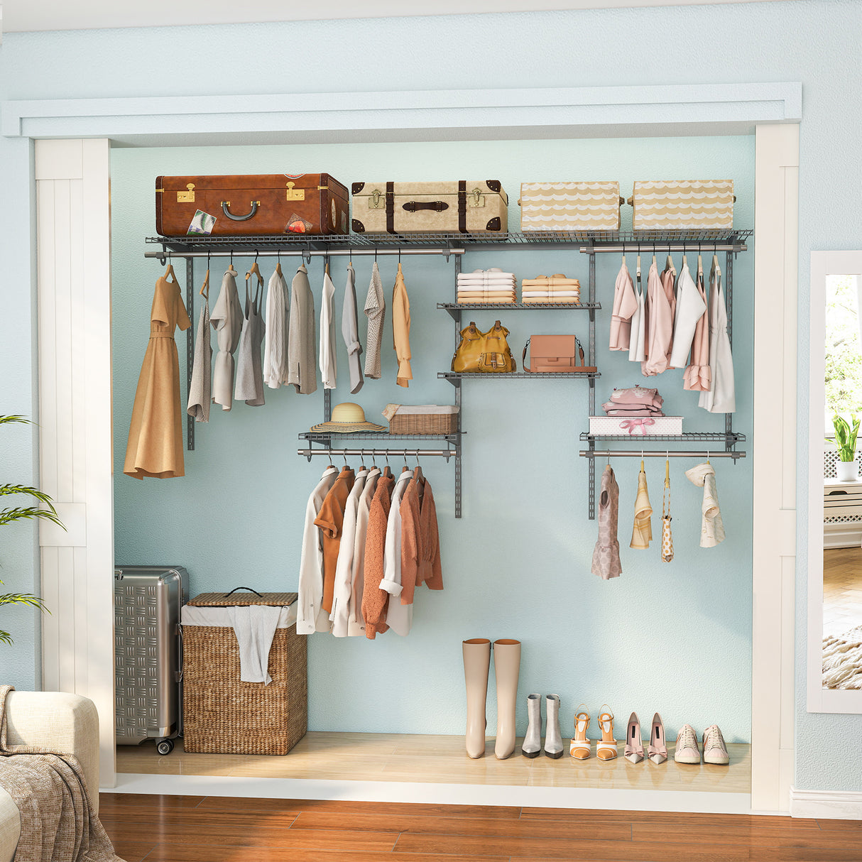 4-8 Feet Closet Organizers and Storage System with Hanging Rod for Laundry Bedroom-Grey
