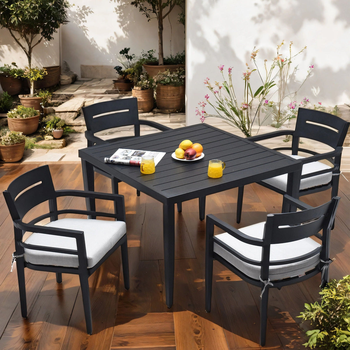 5 Piece Outdoor Patio Modern Dining Set, Including 4 Dining Chairs Sunbrella Fabric Cushioned And Square Dining Table With Umbrella Hole - Ember Black by Couch.com