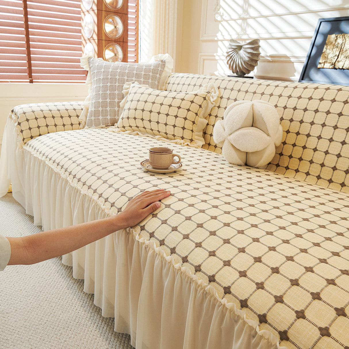 Grid Textured Sofa Cover with Sheer Ruffle Skirt, Pet-Friendly Sofa Throw Slipcover