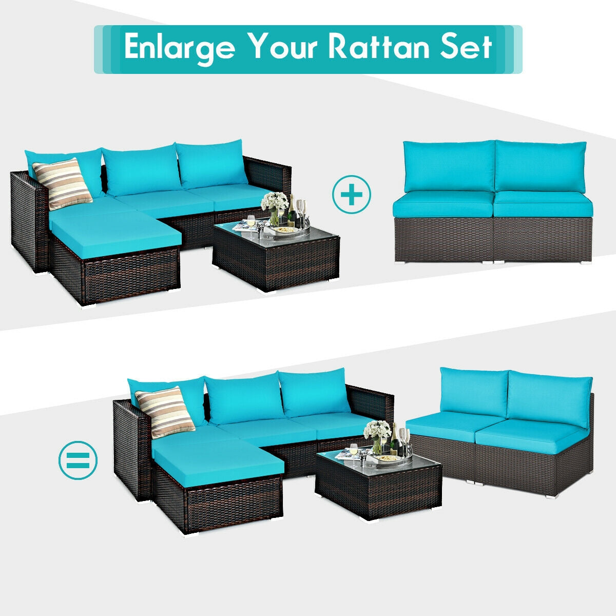 2 Pieces Patio Rattan Armless Sofa Set with 2 Cushions and 2 Pillows-Navy