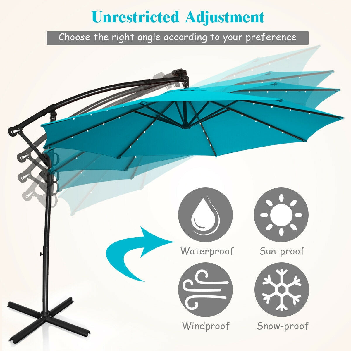 10 ft 360 ° Rotation Solar Powered LED Patio Offset Umbrella without Weight Base-Beige