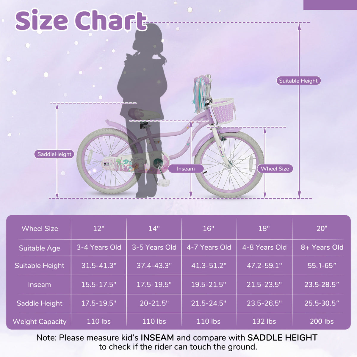20 Inch Kids Bike Adjustable with Basket and Streamers Purple - Princess of the Sea Theme