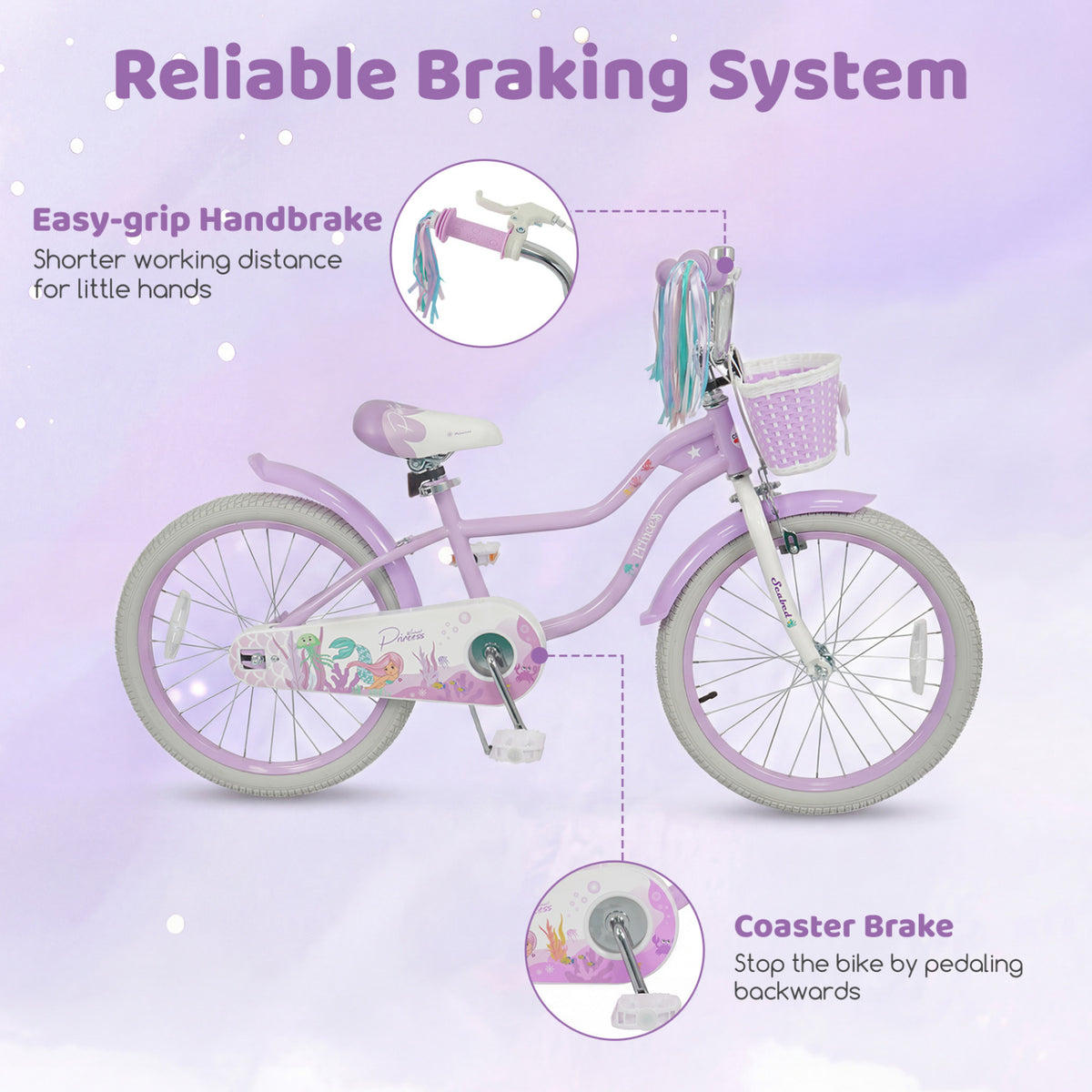20 Inch Kids Bike Adjustable with Basket and Streamers Purple - Princess of the Sea Theme
