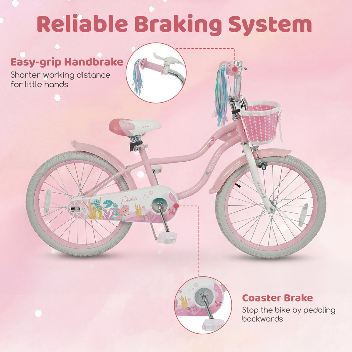 20 Inch Kids Bike Adjustable with Basket and Streamers Pink - Princess of the Sea Theme