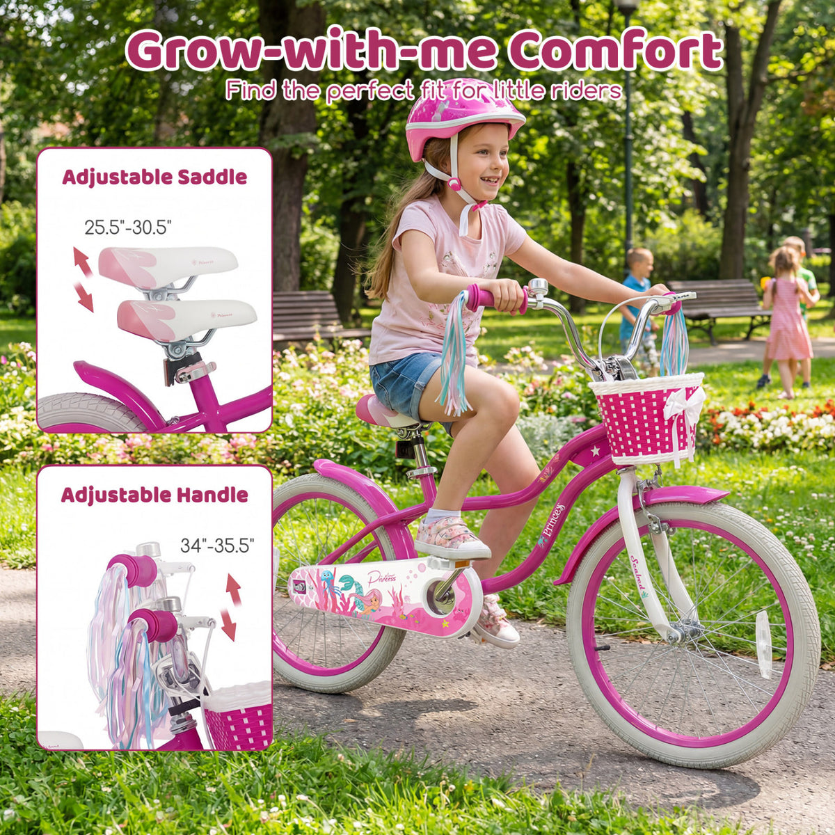 20 Inch Kids Bike Adjustable with Basket and Streamers Rose Red - Princess of the Sea Theme