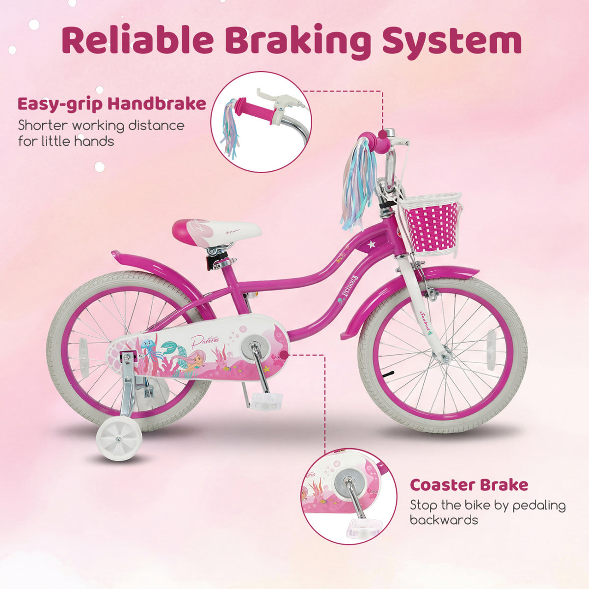 20 Inch Kids Bike Adjustable with Basket and Streamers Rose Red - Princess of the Sea Theme