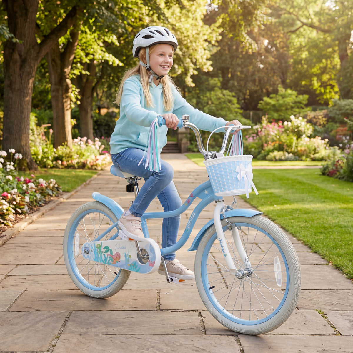 20 Inch Kids Bike Adjustable with Basket and Streamers Blue - Princess of the Sea Theme