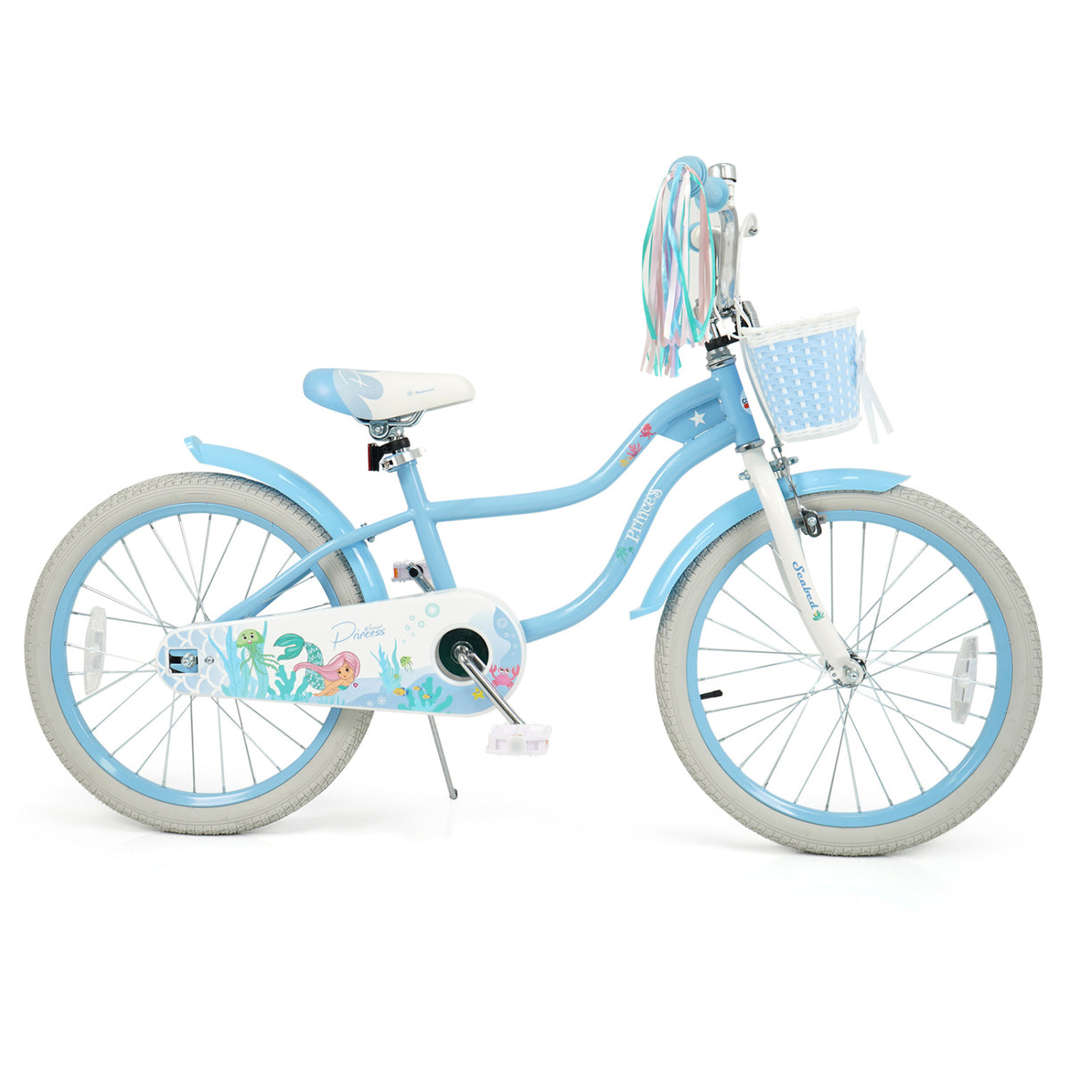 20 Inch Kids Bike Adjustable with Basket and Streamers Blue - Princess of the Sea Theme