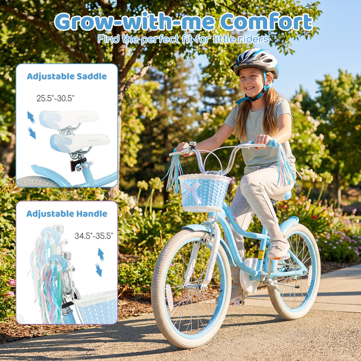 20 Inch Kids Bike Adjustable with Basket and Streamers Blue - Princess of the Sea Theme