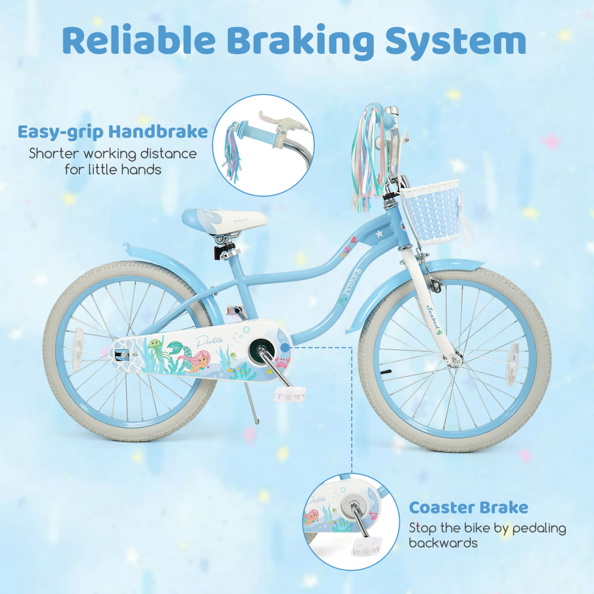 20 Inch Kids Bike Adjustable with Basket and Streamers Blue - Princess of the Sea Theme