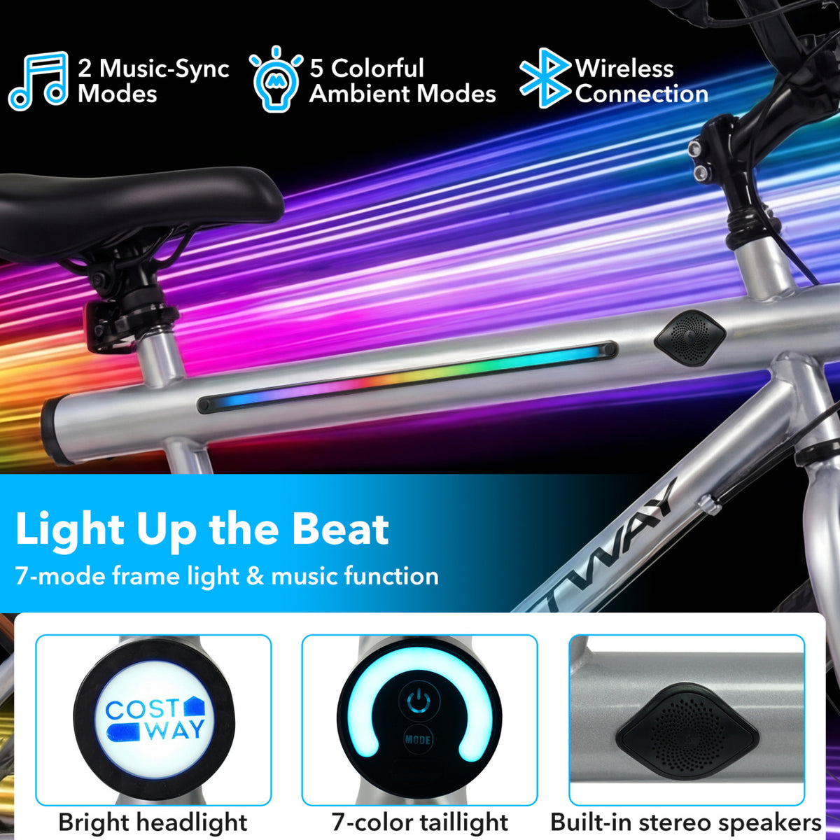 20 Inch LED-lit Cycling Bike with 2 Speakers and Ambient Lights for Men and Women-Silver