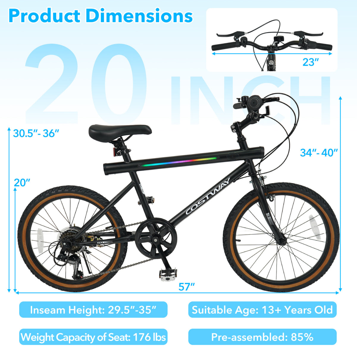 20 Inch LED-lit Cycling Bike with 2 Speakers and Ambient Lights for Men and Women-Black