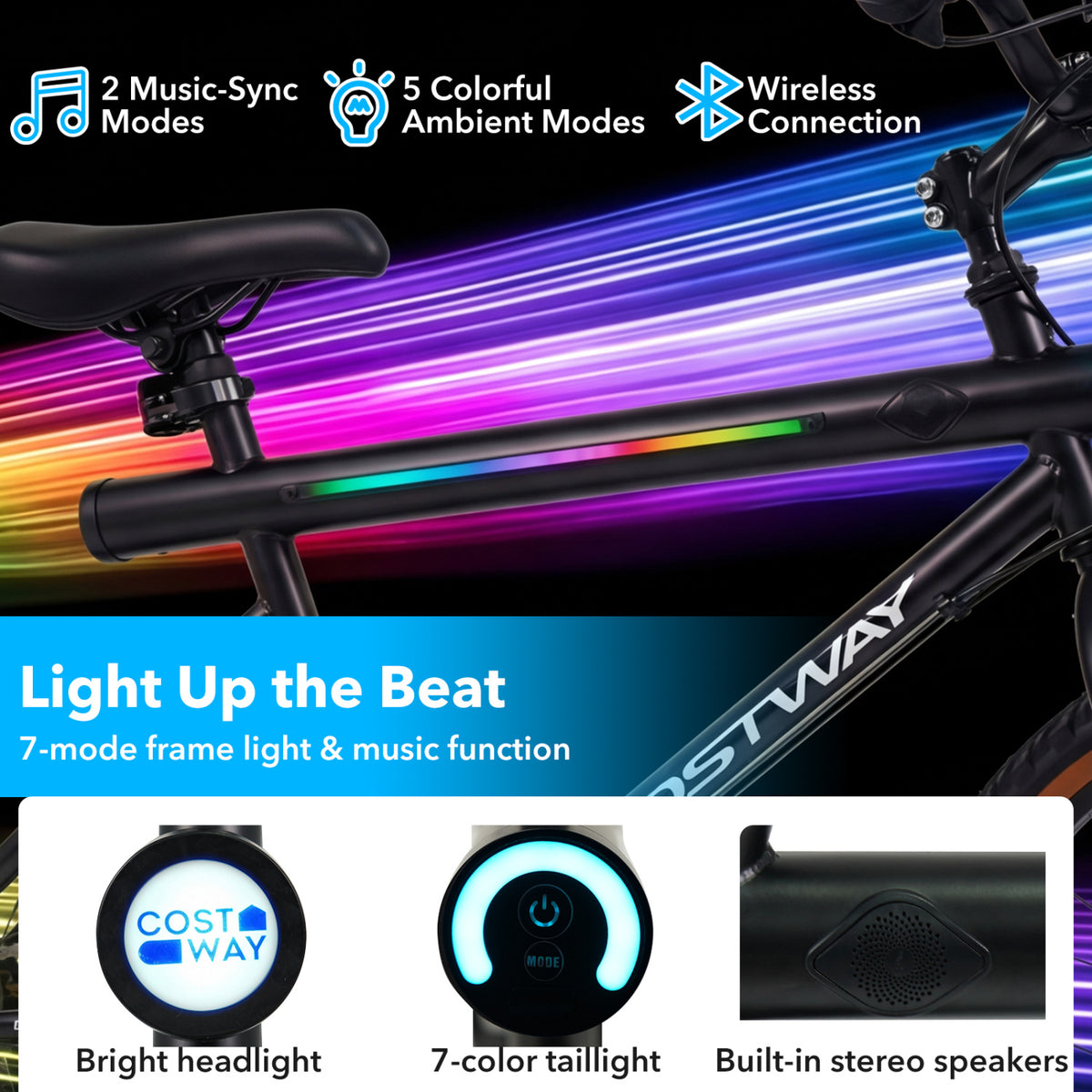 20 Inch LED-lit Cycling Bike with 2 Speakers and Ambient Lights for Men and Women-Black