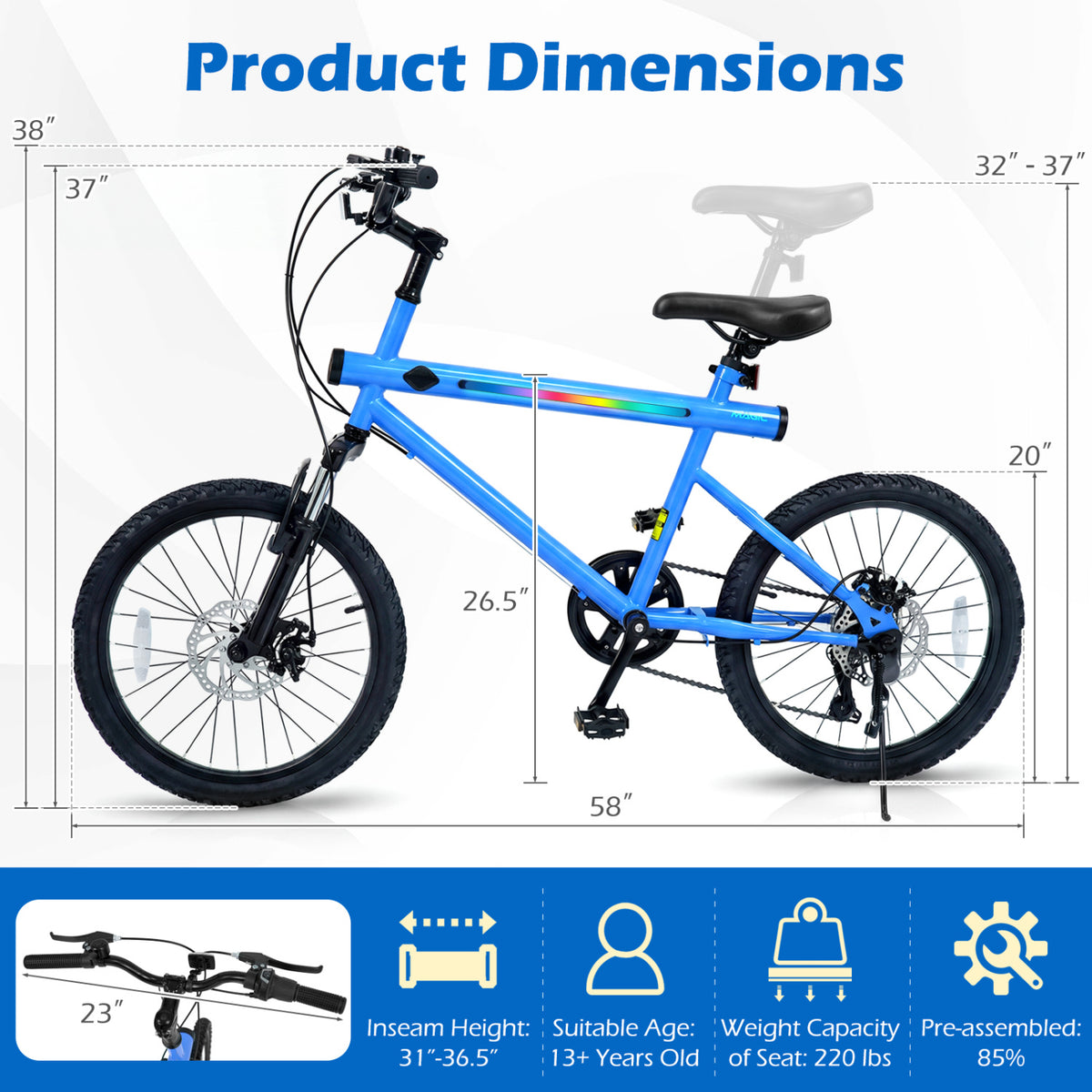 20 Inch Commuter Bicycle LED-lit with 6-Speed Shimano Twist Shifting and Stereo Speakers-Blue